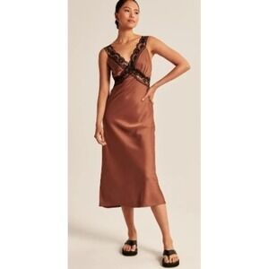 NWT Abercrombie & Fitch Satin Brown Black Lace‎ Trim Slip Midi Dress XS Party